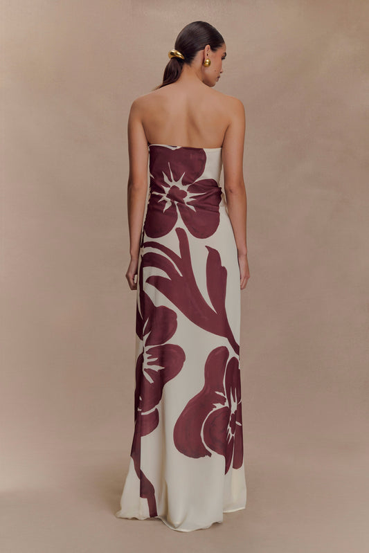 Amaya Strapless Chiffon Maxi Dress - Brown Deco Fleur Print