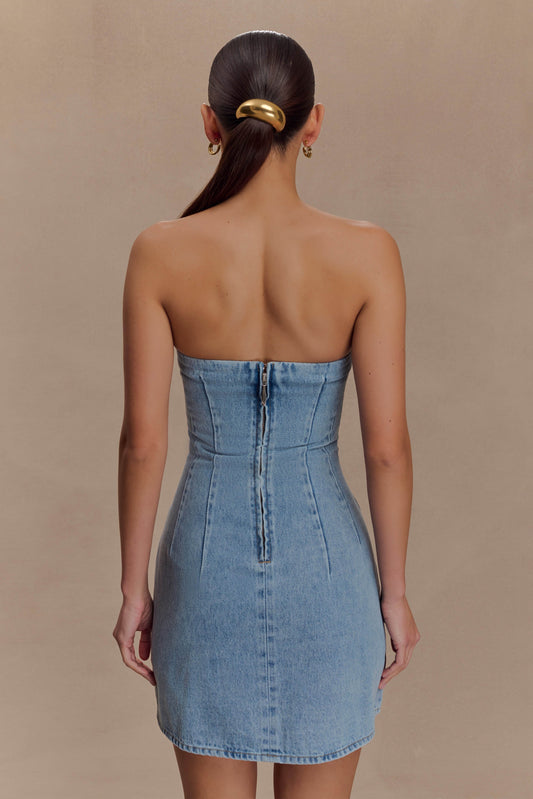 Akira Embroidered Denim Mini Dress - Mid Blue