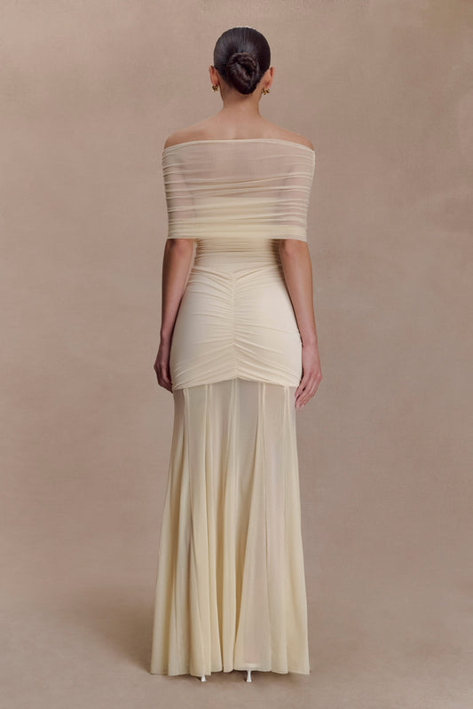 Caspian Slinky And Mesh Off Shoulder Maxi Dress - Ivory