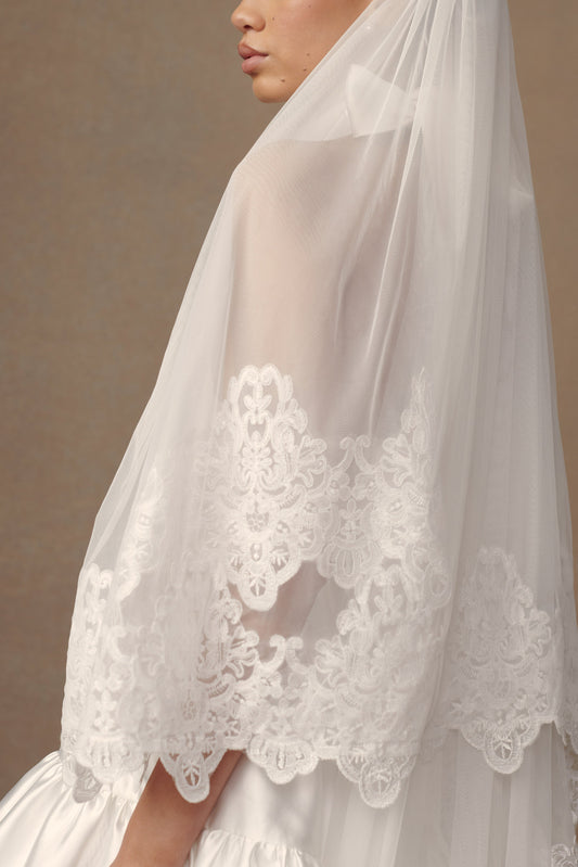 Paulette Lace Trim Veil - White