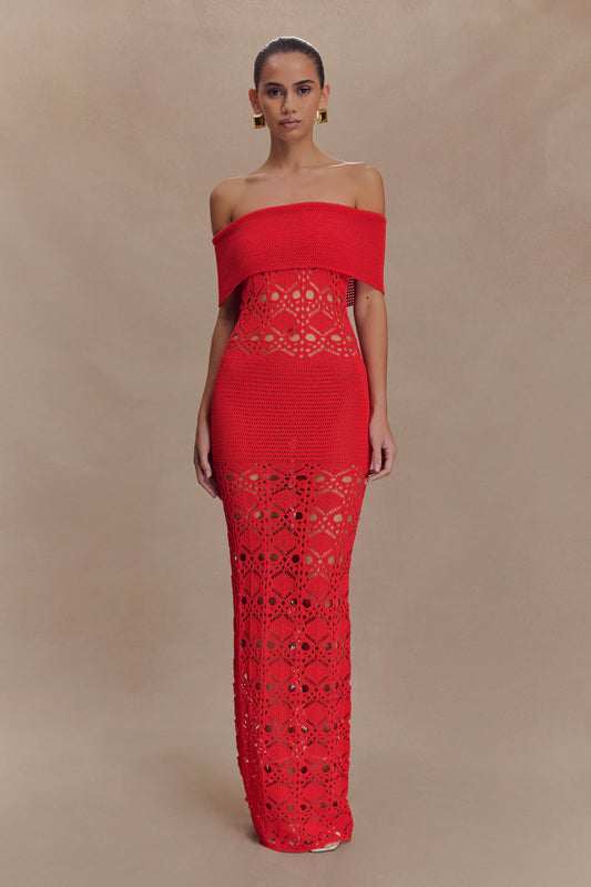 Solstice Off Shoulder Crochet Knit Maxi Dress - Blood Orange