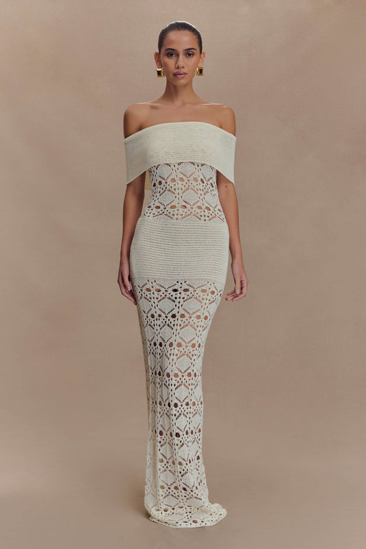 Solstice Off Shoulder Crochet Knit Maxi Dress - Ivory