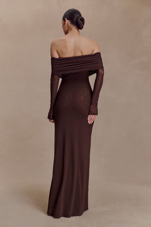 Josie Off Shoulder Mesh Maxi Dress - Dark Brown