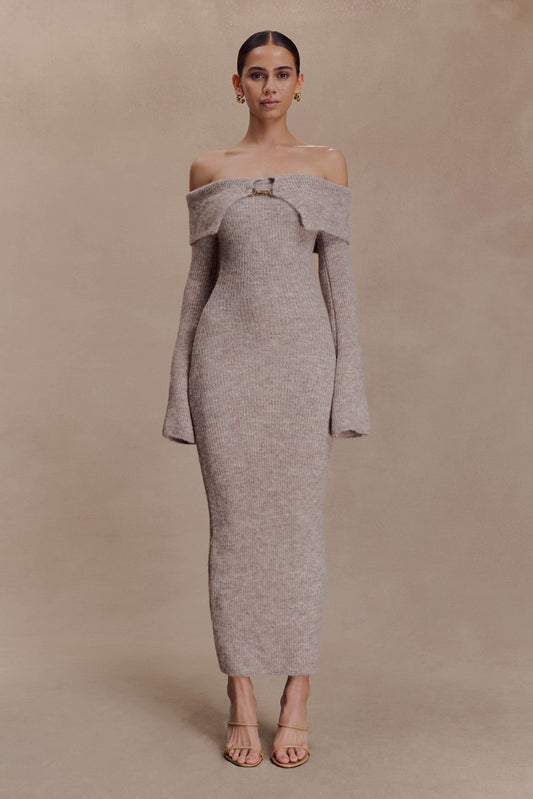 Baxter Off Shoulder Fluffy Knit Midi Dress - Taupe Marle
